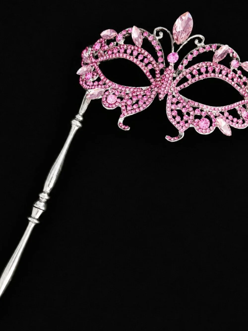 Pink Crystal Masquerade Mask with Silver Stick,Wedding Photo Prop, Prom Mask